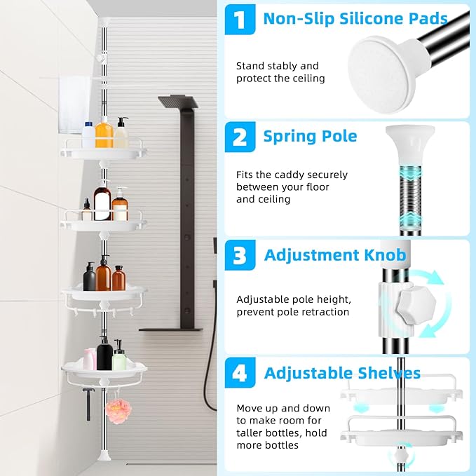 32-122inch Corner Shower Caddy Tension Pole White, Rustproof Drill-Free Shower Shelves for Bathroom Bathtub Washbasin, Adjustable Shower Organizer with 4 Tier Patent Stable Shelves & Towel Bars