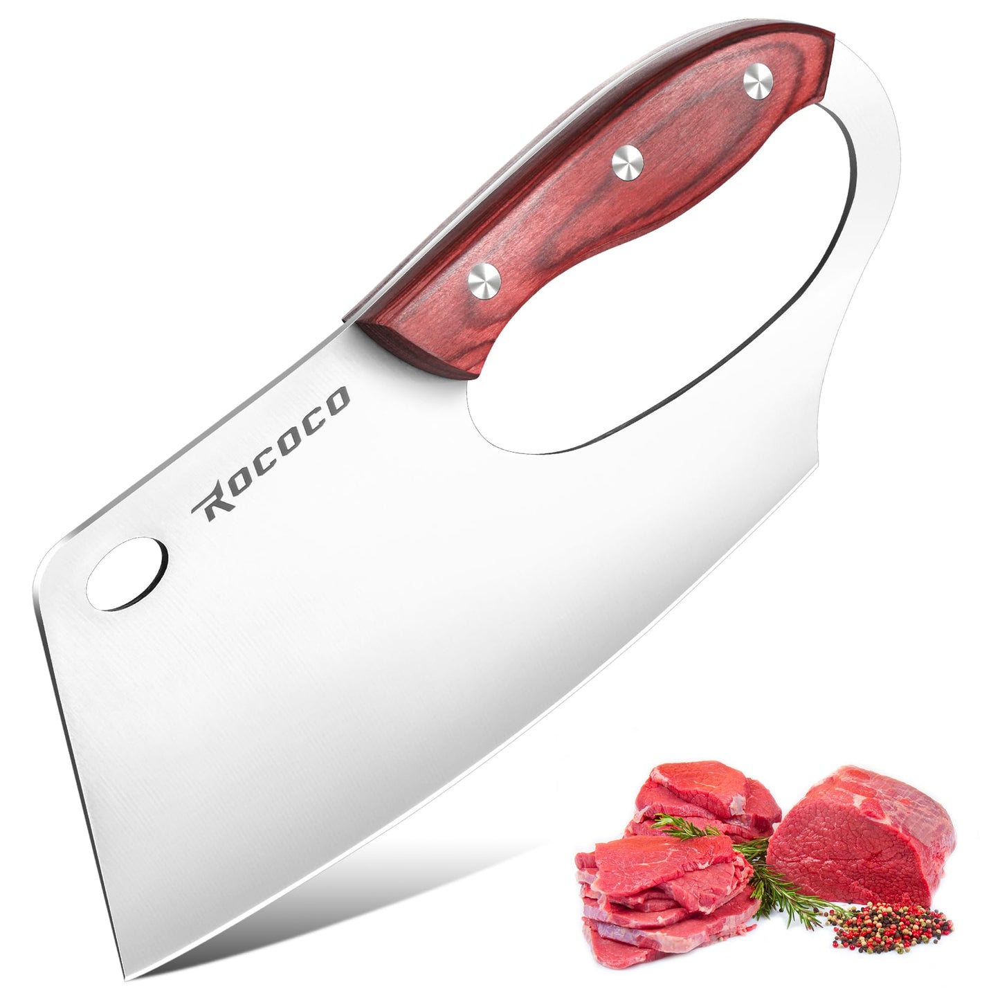ROCOCO Effort Saving Meat Cleaver - Red Wood Easy Handle Chef Knife