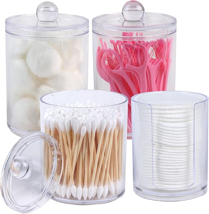 4 Pack Acrylic Qtip Holder Dispenser,Canisters Apothecary Jar Set, Bathroom Organizers and Storage,10 oz with 1Gap