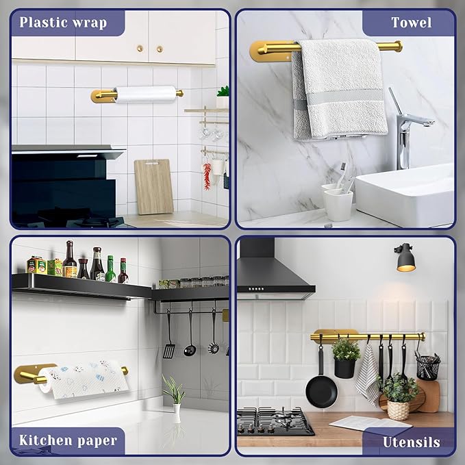 Paper Towel Holder, Self Adhesive or Drilling Paper Towel Holder Under Cabinet, Stainless Steel Gold Paper Towel Holders Wall Mount for Kitchen, Bathroom, Sink, Pantry, Fridge (Gold)