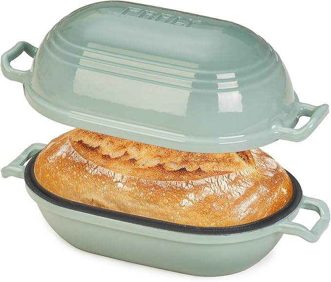 FRRLY Enameled Cast Iron Dutch Oven for Sourdough Bread Baking,9 x 5-4/5 Inch Oval Cast Iron Bread Pan with Lid,Dutch Oven for Homemade Sourdough Baking,2.8QT Meatloaf Pan,Oven Safe