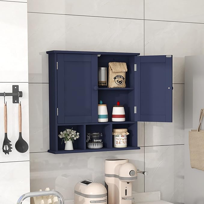 TaoHFE Blue Bathroom Over The Toilet Storage Cabinet,Wall Medicine Cabinet Organizer with 2 Door Adjustable Shelves,Wooden Modern Bathroom Shelves Wall Mounted Laundry Room