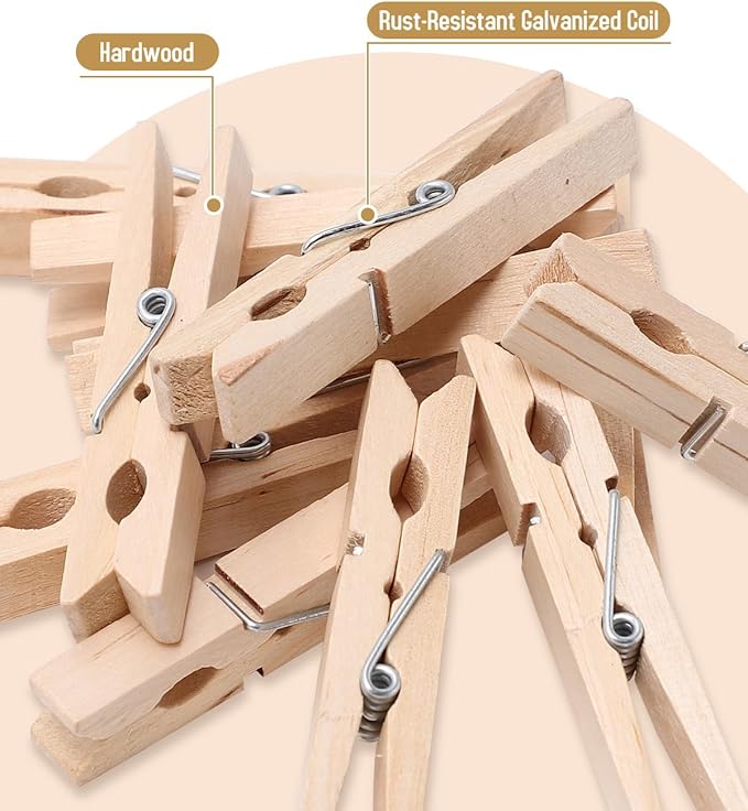 100 Pack Wooden Clothespins 2.9 Inch, Heavy-Duty Wood Rust-Resistant Clothes Pins, Solid Birch Clips for Laundry, Photo Wall Displays, Craft Projects & Classroom Decoration