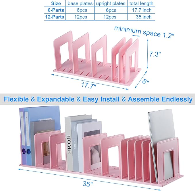 Adjustable Vertical File Sorter Sturdy Plastic Expandable Upright File Holder, Desktop Binder Organizer, School Office Organization Bookshelf Divider, Assemble Easily Endlessly, Pink