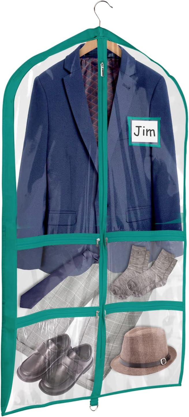 Univivi Clear Blue-green PVC Dance Costume Bags Garment Bag 40 Inch for Dance Competitions, with 4 Medium Clear Zipper Pockets and 1 Large Back Zippered Pocket (12 Pack, Clear Blue-green)