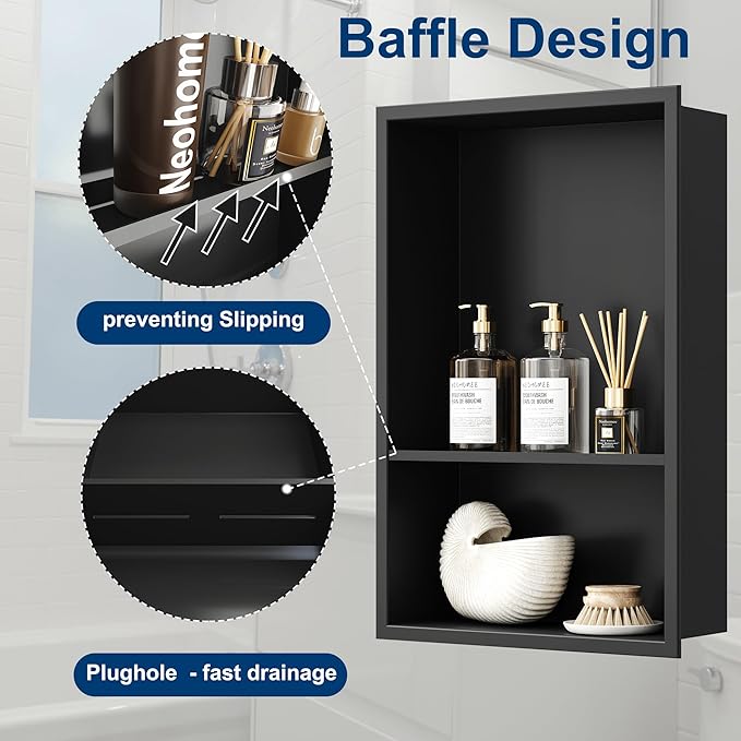 Neodrain 12X18 Inch Matte Black Double Shelf Stainless Steel Shower Niche, No Tile Needed Bathroom Organizer, Two Layer Recessed Built-in Wall Niche