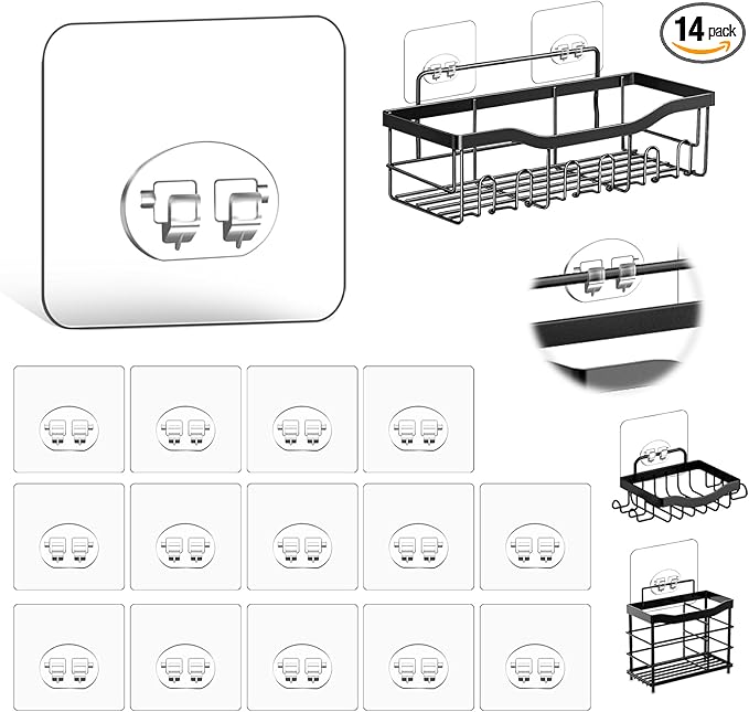 Shower Caddy Adhesive Single Hooks for Replacement, Shower Holder Organizer Self Adhesive Wall Hooks for Bathroom Corner Shelf Basket Soap Dish (Transparent-14Pack 1 Hooks)