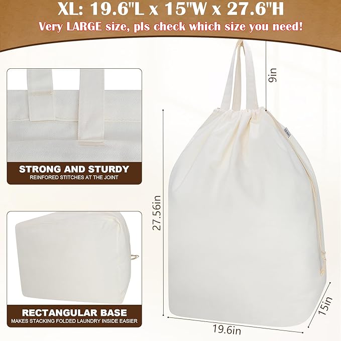 Canvas Laundry Bags with Handles & Rectangular Base, 20"Lx15"Wx27.6"H Extra Large Heavy Duty Laundry Basket Hamper Liner Replacement, Washable Canvas Drawstring Dirty Clothes Bag