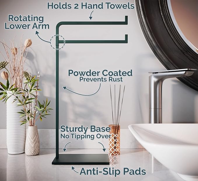 Hand Towel Holder for Bathroom Countertop - 17 Inch Tall Black Free-Standing Hand Towel Stand for Bathroom Counter - Non-Slip Base for Sink Top - Holds Two Full Size Handtowels, Fingertip, Washcloth