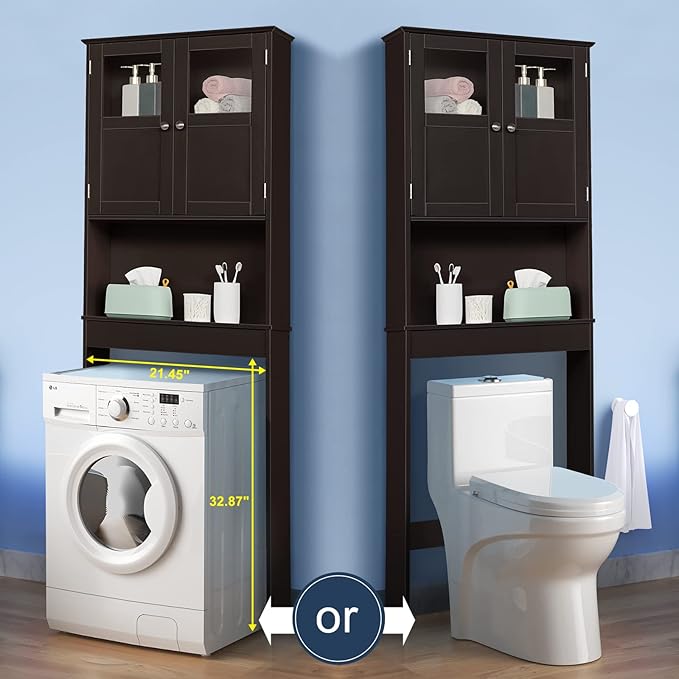 Bonnlo Over The Toilet Storage Cabinet Bathroom Behind Toilet Shelf Towel Storage Freestanding Organizer Space Saver with Double Door Glass Window Cabinet Tower with Adjustable Shelf (Brown)