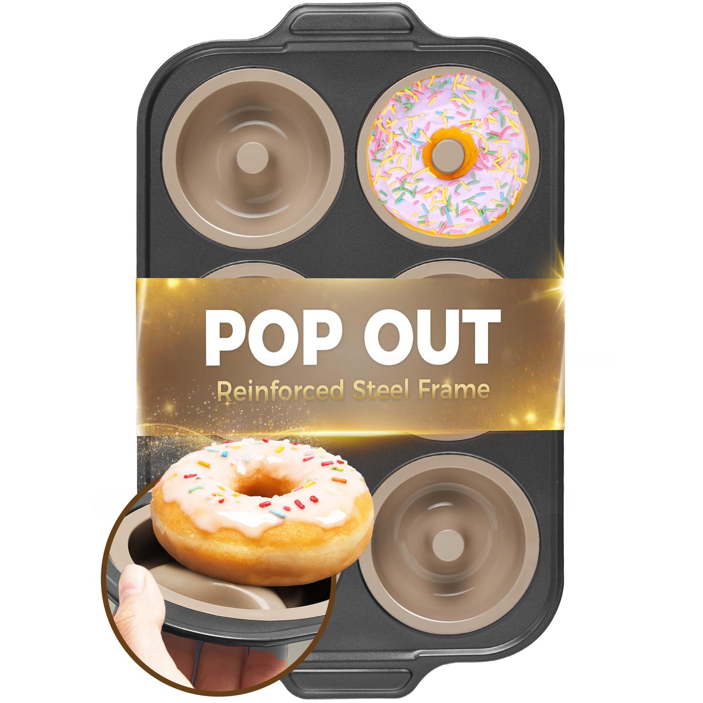 BRONYPRO Silicone Donut Pan for Baking with Metal Reinforced Frame, 6-Cavity Nonstick Doughnut Mold, Large Donut Size, Food-Grade Bakeware, Oven Dishwasher Freezer Safe, Blue