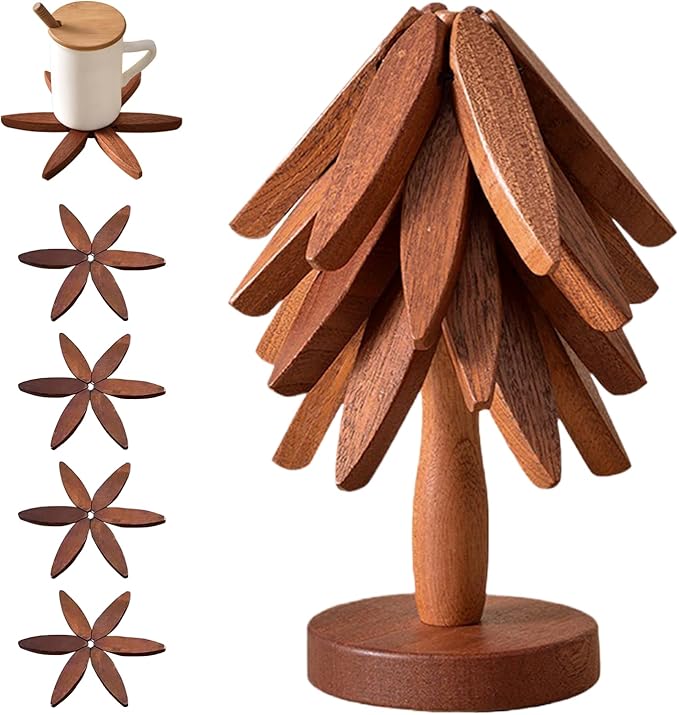 Wooden Trivets for Hot Dishes, Tree Shape Trivet Set, 4 Walnut Wood + 1 Stand stored Like a Christmas Tree,Foldable Kitchen Wooden Trivet,for Hot Dishes、Pot、Bowl、Teapot、Hot Pot Holder(Brown)