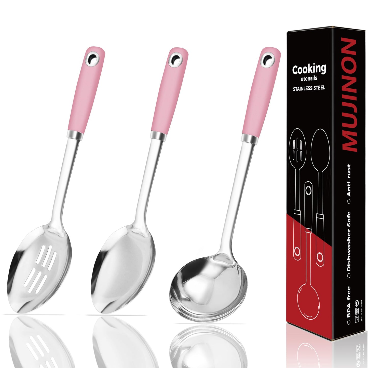 14-in Pink Cooking Spoons Set, Heavy Duty 18/0 Stainless Steel Large Serving Spoons Set, Slotted Spoon, Cooking Spoon & Soup Ladle, Commercial and Residential Use, Pack of 3