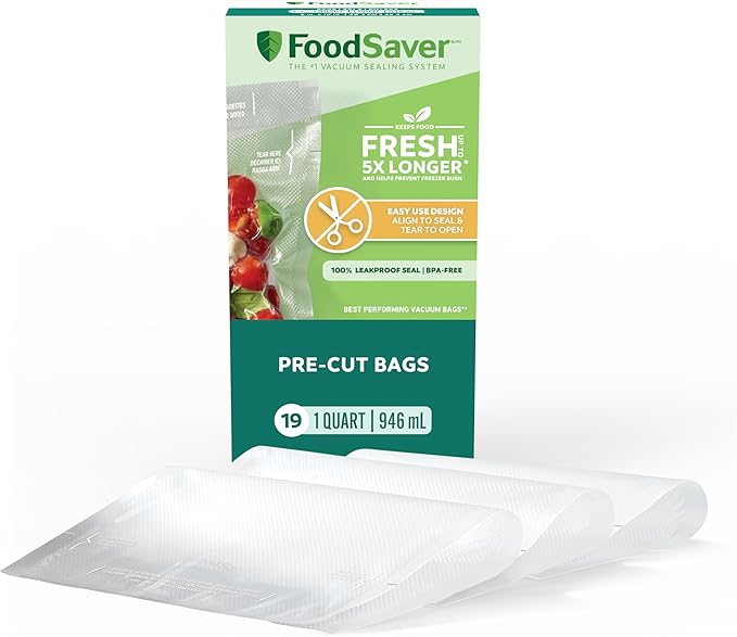 FoodSaver Quart Pre-Cut Vacuum Seal Bags, Easy Use Vacuum Storage Bags, Align to Seal and Tear to Open Vacuum Sealer Storage Bags, 43 Pack