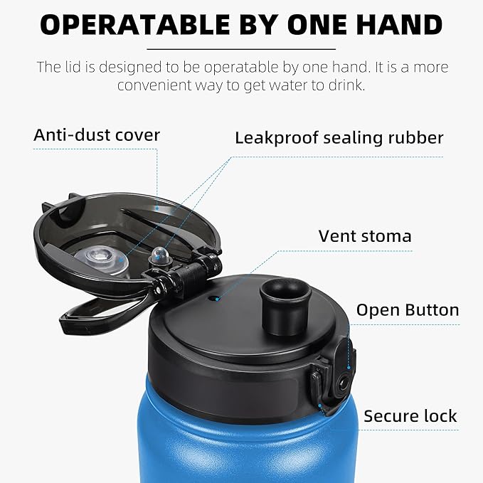 Fanhaw 32 oz Insulated Stainless Steel Water Bottle with Anti-Dust Chug Lid, Leakproof Vacuum Sports Bottle for Men & Women (Sky Blue)