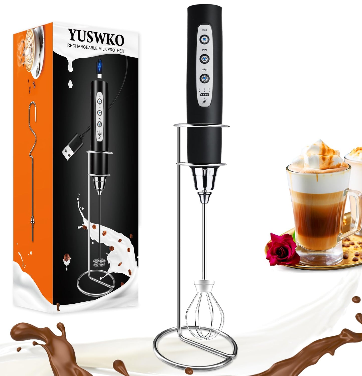 YUSWKO Handheld Milk Frother Wand for Coffee, Rechargeable Electric Whisk with 3 Heads 3 Speeds Drink Mixer Coffee Frother For Latte, Cappuccino, Hot Chocolate, Egg, Beige