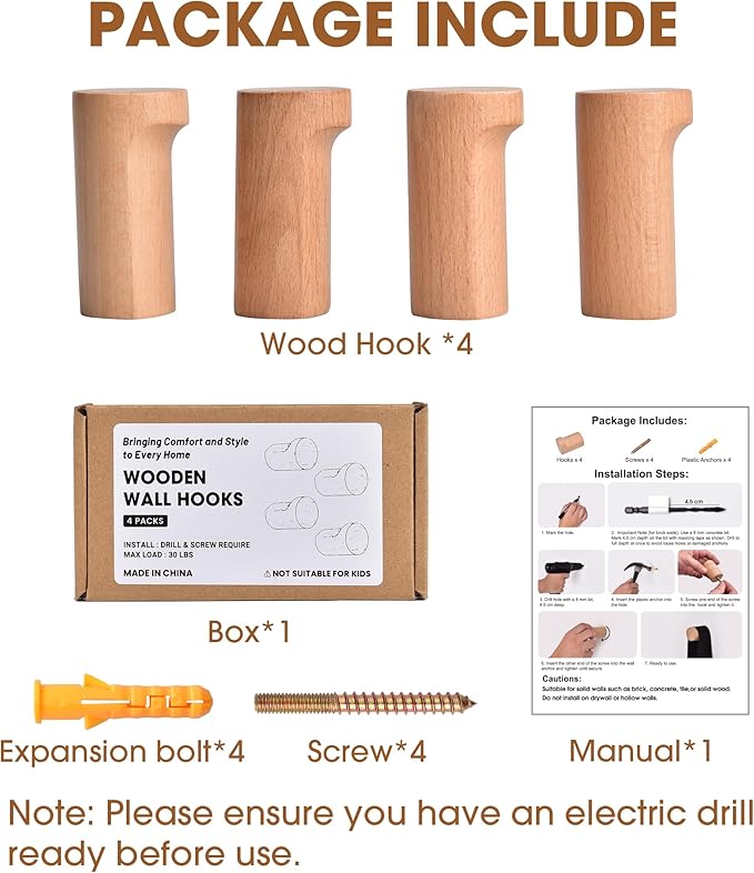 Wood Wall Hooks, 4 Pack Heavy Duty Coat Hooks – Farmhouse Rustic Entryway & Bathroom Hooks for Hats, Towels, Bags, Clothes (40 Capacity), Fits Drywall, Beech Wood