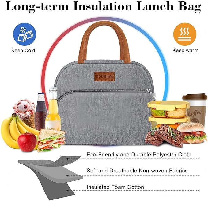 Coobiiya Lunch Bag Lunch Box for Women Men,Small Leakproof Cute Lunch Tote Large Capacity Reusable Insulated Cooler Lunch Container for Work/Office/Picnic/Beach，Grey
