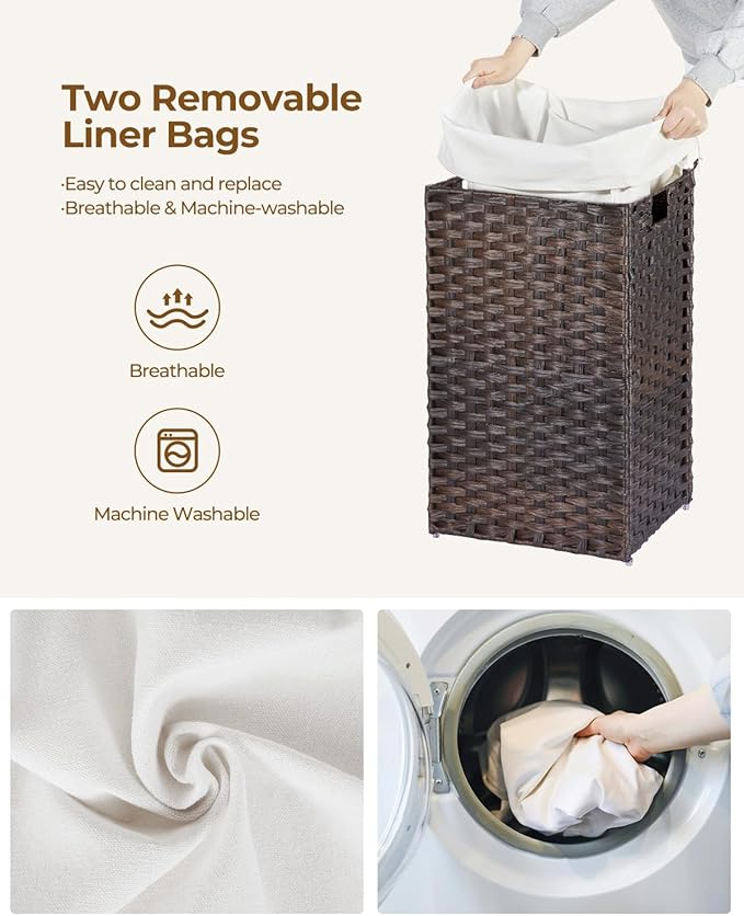 Greenstell Laundry Hamper with Lid, 60L Clothes Hamper with 2 Removable Liner Bags & 2 Mesh Laundry Bags, Handwoven Synthetic Rattan Laundry Basket for Clothes, Toys in Bathroom, Bedroom Brown