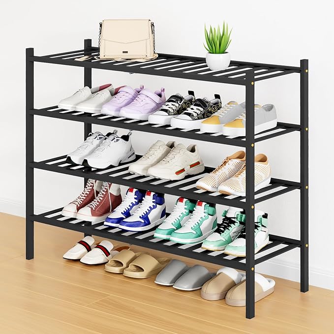 Smiry Shoe Rack, 4 Tier Long Bamboo Shoe Organizer, Stackable Free Standing Wooden Shoe Storage Shelf for Closet, Entryway, Front Door Entrance, Black