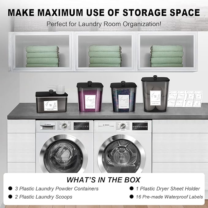 4 Pack Laundry Detergent Containers & Dryer Sheet Holder with Black Lids, Scoops & Labels - Plastic Laundry Organizer and Storage Jars for Pods, Detergent, Scent Booster