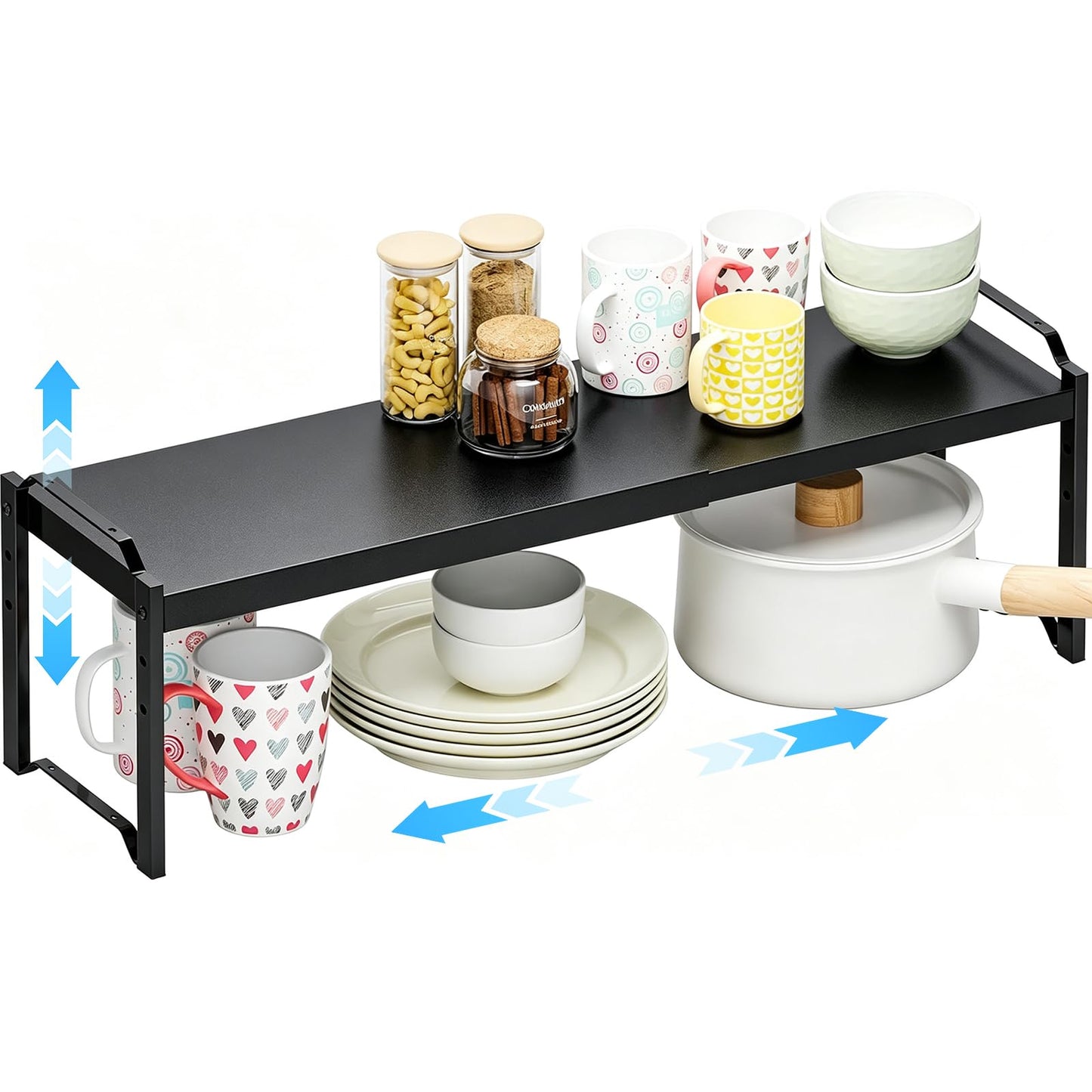 4 Pack Kitchen Cabinet Shelves Organizers, Kitchen Counter Storage Shelf Spice Rack, Expandable Length, Adjustable Height, Stackable, Sturdy 30LBS Bearing, Small Cupboard Tabletop Organizer Shelf Rack