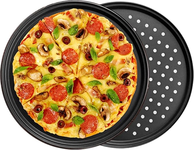 InBlossoms 9.6 inch Pizza Pan With Holes, Carbon Steel Perforated Non-Stick Bakeware for Home Kitchen Oven, 2 Pack