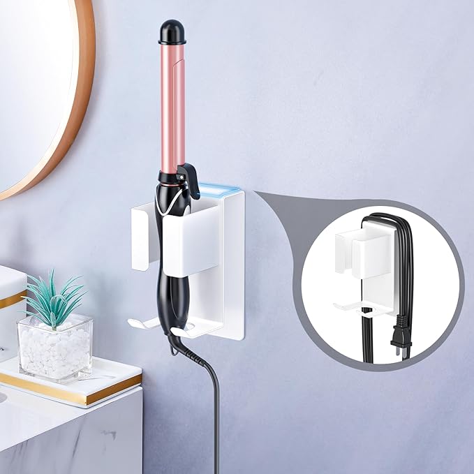 Hair Straightener Holder Wall Mounted Blow Dryer Holder, Blow Dryer and Curling Iron Holder, Hair Dryer and Straightener Holder, Bathroom Hair Tools Organizer and Storage (White, 1Pc)