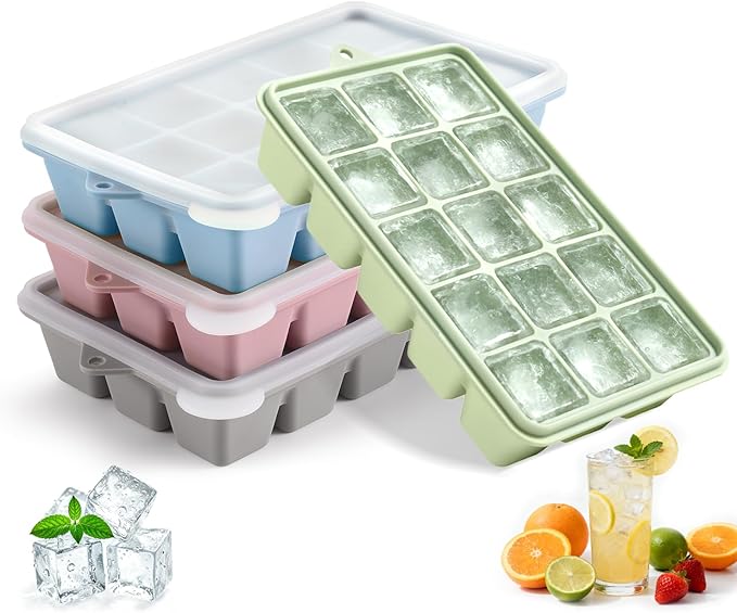 Silicone Ice Cube Trays with Lid, Set of 4, Easy Release Ice Molds, Reusable and Stackable Ice Trays for Freezer for Cocktail, Whiskey, Baby Food, BPA Free (gray)