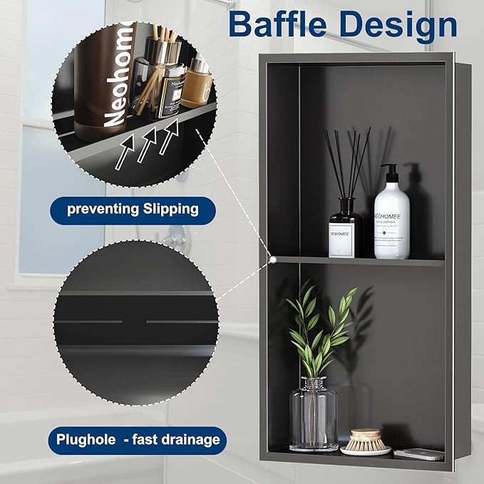 Neodrain 12X24 Inch Shower Niche, Gun Metal 2-Tier Stainless Wall Niche NO Tile Needed Recessed Cabinet for Bathroom Storage