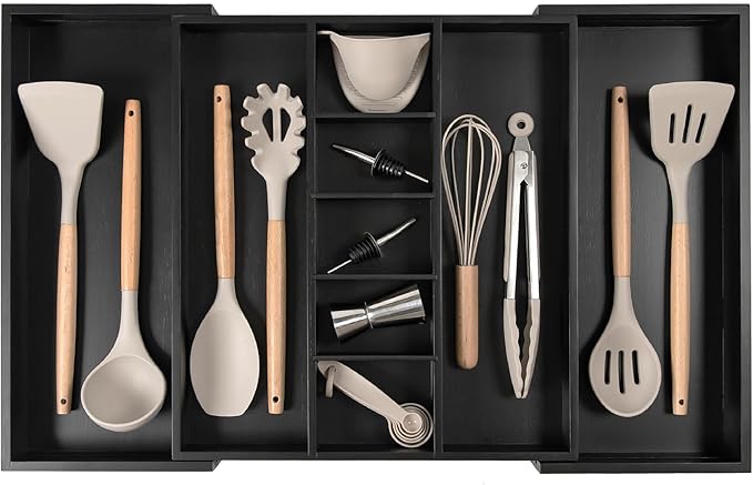 KitchenEdge Utensil & Junk Drawer Organizer, 19-33 in, White Bamboo