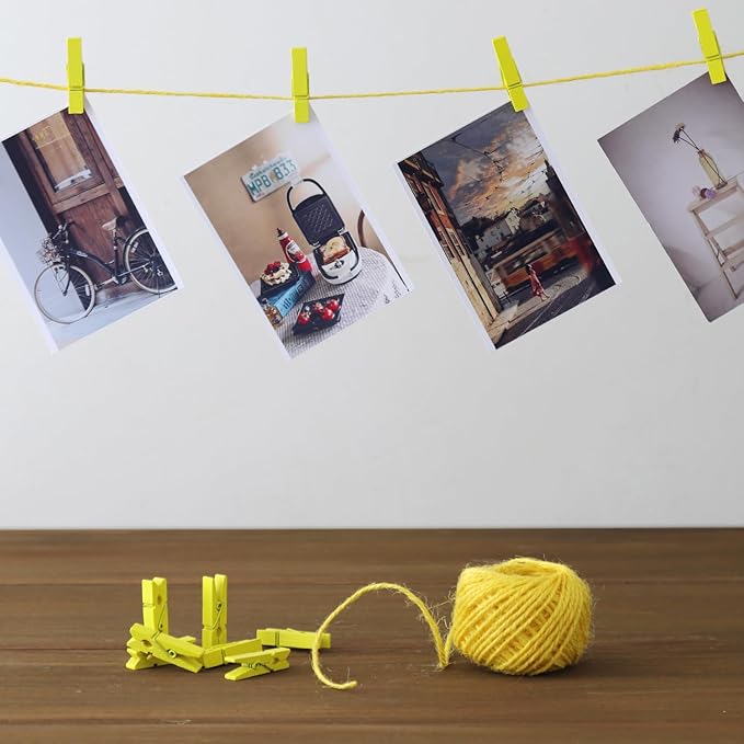 HSTECH 100 Pcs Yellow Mini Natural Wooden Clothespins and 82 Ft Jute Twine, Baby Clothes Pins, 1.38in Craft Photo Clips for Home School Arts Crafts Decor, DIY Decoration's, Arts and Crafts, Weddings