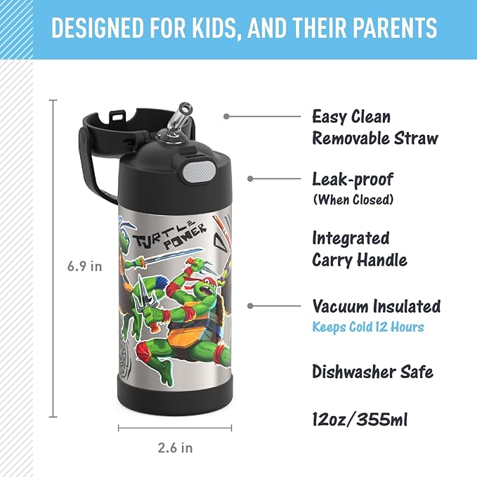 THERMOS FUNTAINER Water Bottle with Straw - 12 Ounce - Kids Stainless Steel Vacuum Insulated Water Bottle with Lid, Teenage Mutant Ninja Turtles