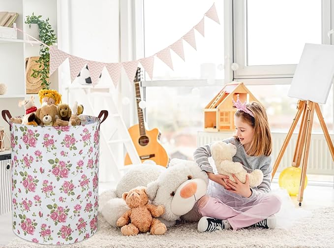 HIYAGON Roses Pink Laundry Basket Baby Girls Laundry Hamper Kids Toy Storage Bins Organizer Gift Basket Pink Rose Bedroom Decor Bathroom(Pink Rose)