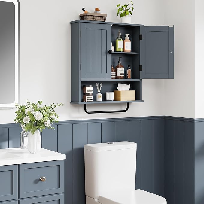 RRX Bathroom Cabinet Wall Mounted Medicine Cabinets with Towels Bar, Over The Toilet Storage Cabinet with 2 Doors and Adjustable Shelf, White Wall Cabinet for Bathroom Laundry Kitchen,Gray