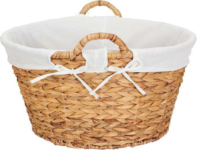 Household Essentials Round Wicker Laundry Basket with Handles, Whimsical Water Hyacinth Basket, Supportive Metal Frame, Removable Polyester Liner, Handwoven, Well-Structured and Versatile, Natural