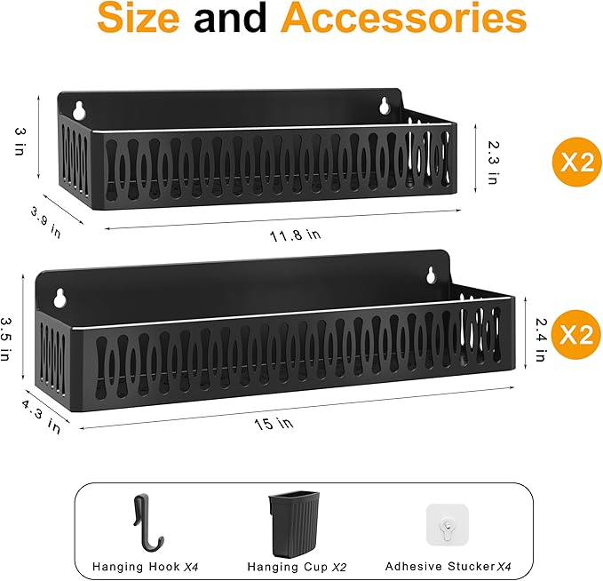 4 Pack Large Magnetic Spice Rack for Refrigerator, Spice Rack Organizer, Moveable Magnetic Shelf Fridge Organizer with 4 Hooks for Kitchen and Oven Organization, Black