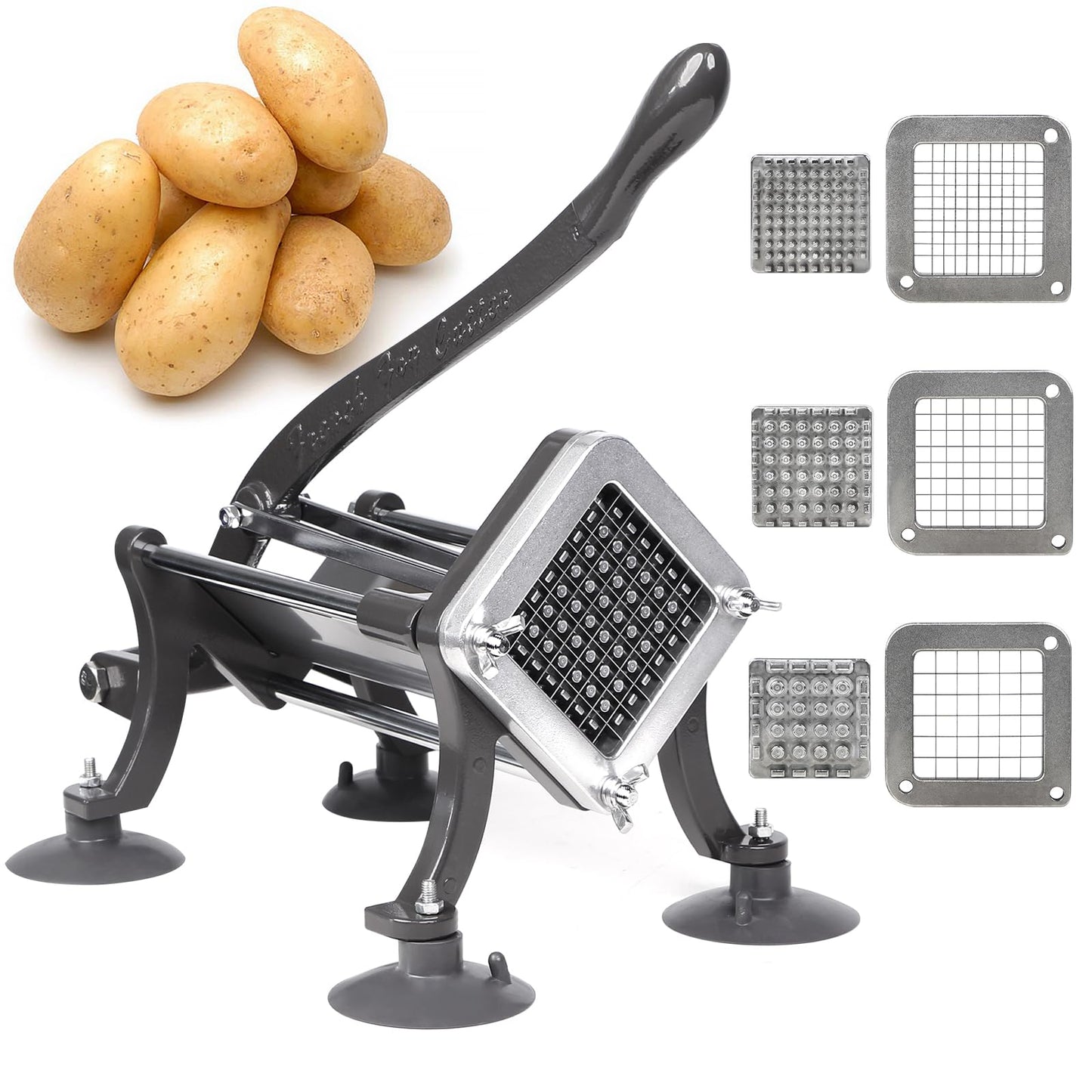SHSYCER Commercial French Fry Cutter, Heavy Duty Potato Slicer with 3 Stainless Steel Blades 1/4", 3/8", 1/2", Cast Iron Handle, Suction Feet, Manual Vegetable Chopper for Restaurant and Home