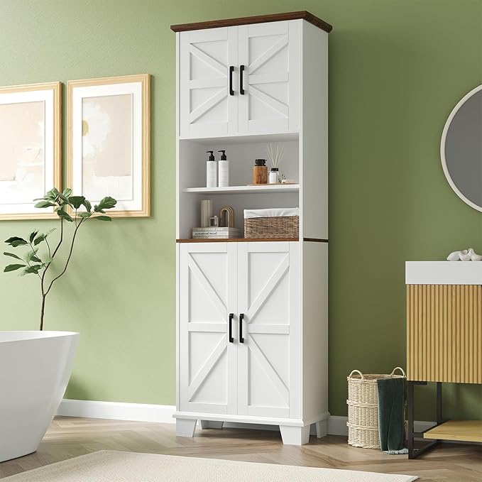 Farmhouse Bathroom Storage Cabinet, 67.9" Tall Freestanding Cabinet with 7 Adjustable Shelves & Barn Doors, Multipurpose Pantry Cupboard for Kitchen, Bathroom, Living Room, Dining Room