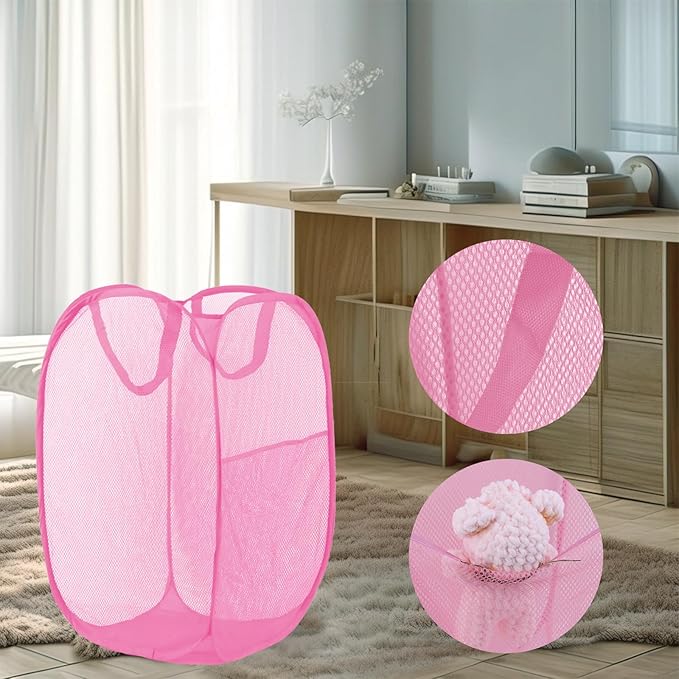 Pop Up Laundry Hamper, Mesh Laundry Basket Collapsible, Foldable Hamper for Travel and Storage (Pink)