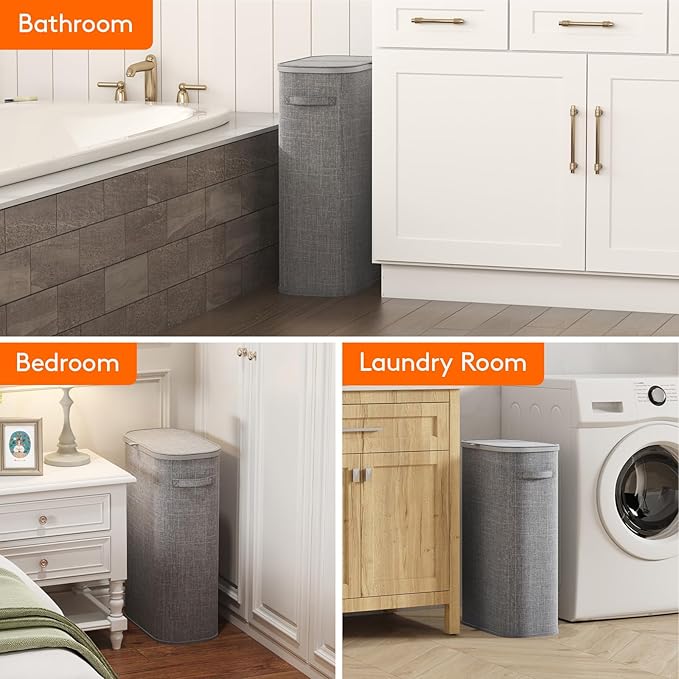 Lifewit 65L Slim Laundry Basket with Lid, Laundry Hamper with Plastic Handles and Removable Bag, Foldable Tall Dirty Clothes Hampers for Laundry for Laundry Room, Bedroom, Bathroom, Dorm, Light Gray