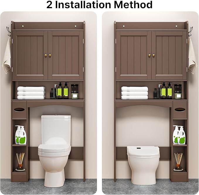 Ahomly Over The Toilet Storage Cabinet, 32.3" W Over Toilet Bathroom Organizer with Doors, Adjustable Shelves, Toilet Paper Holder, 2 Side Hooks, Space-Saver for Bathroom, Laundry, Espresso