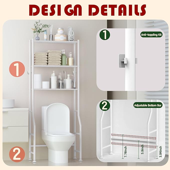 3-Tier Over Toilet Storage Rack, Metal Over Toilet Bathroom Organizer Shelf, Freestanding Space Saver Storage Shelves for Bathroom/Laundry/Living Room (White)