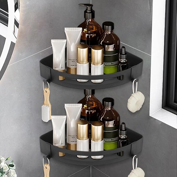 NearMoon Bathroom Corner Shelf Shower Caddy 2 Pack, No Drill 304 Stainless Steel Shower Organizer with 2 Hooks (Matte Black)