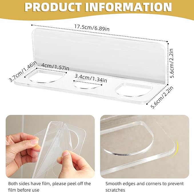 Acrylic Hair Brush Holder for Bathroom Adhesive Hair Tool Organizer Wall Mounted Comb Holder Organizer with 3 Holes Diameter 1.34 to 1.57 In,Remove Film Before Use(transparent)
