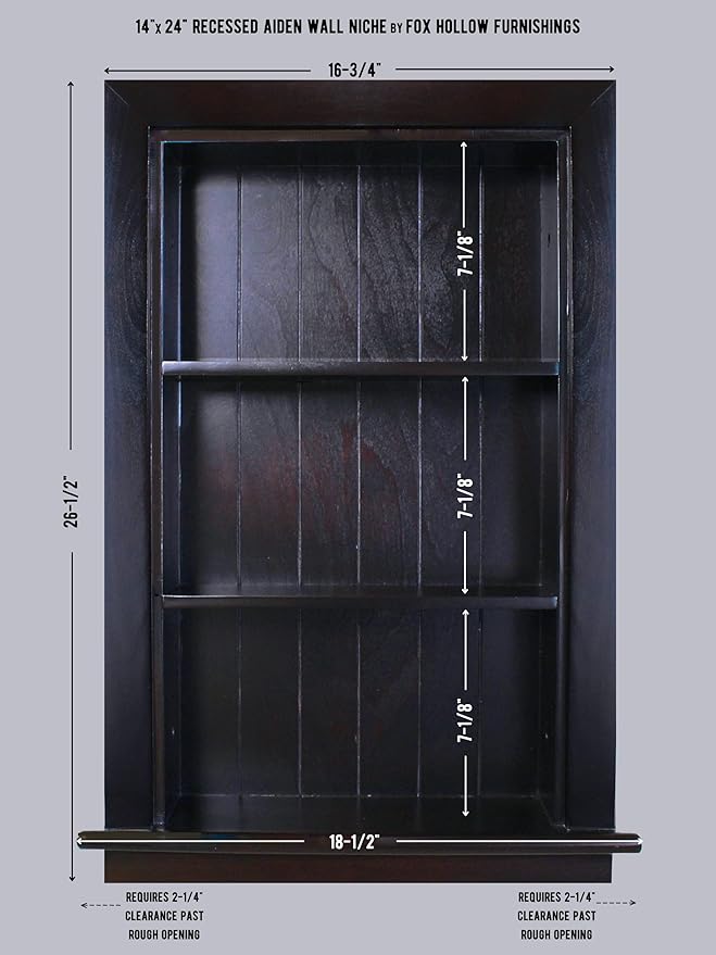 Fox Hollow Furnishings 14x24 Aiden Recessed Wall Niche Medicine Cabinet Replacement, in The Wall Bathroom Cabinet Insert Shelf/Shelves, Made in North America, Real Wood, NO MDF, Beadboard, Dark Brown