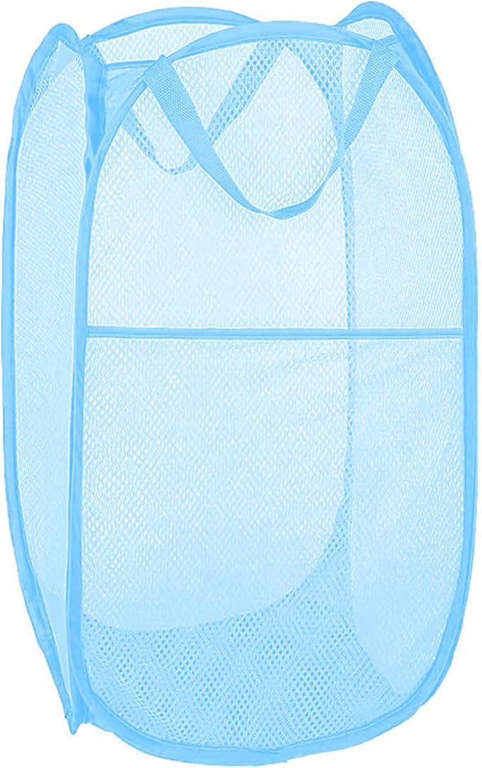 Larpur Pop up Laundry Hamper, Collapsible Laundry Basket, Portable Mesh Clothes Hamper for Home Room, College Dorm, Apartment, Foldable Hamper with Carry Handles, Sky Blue