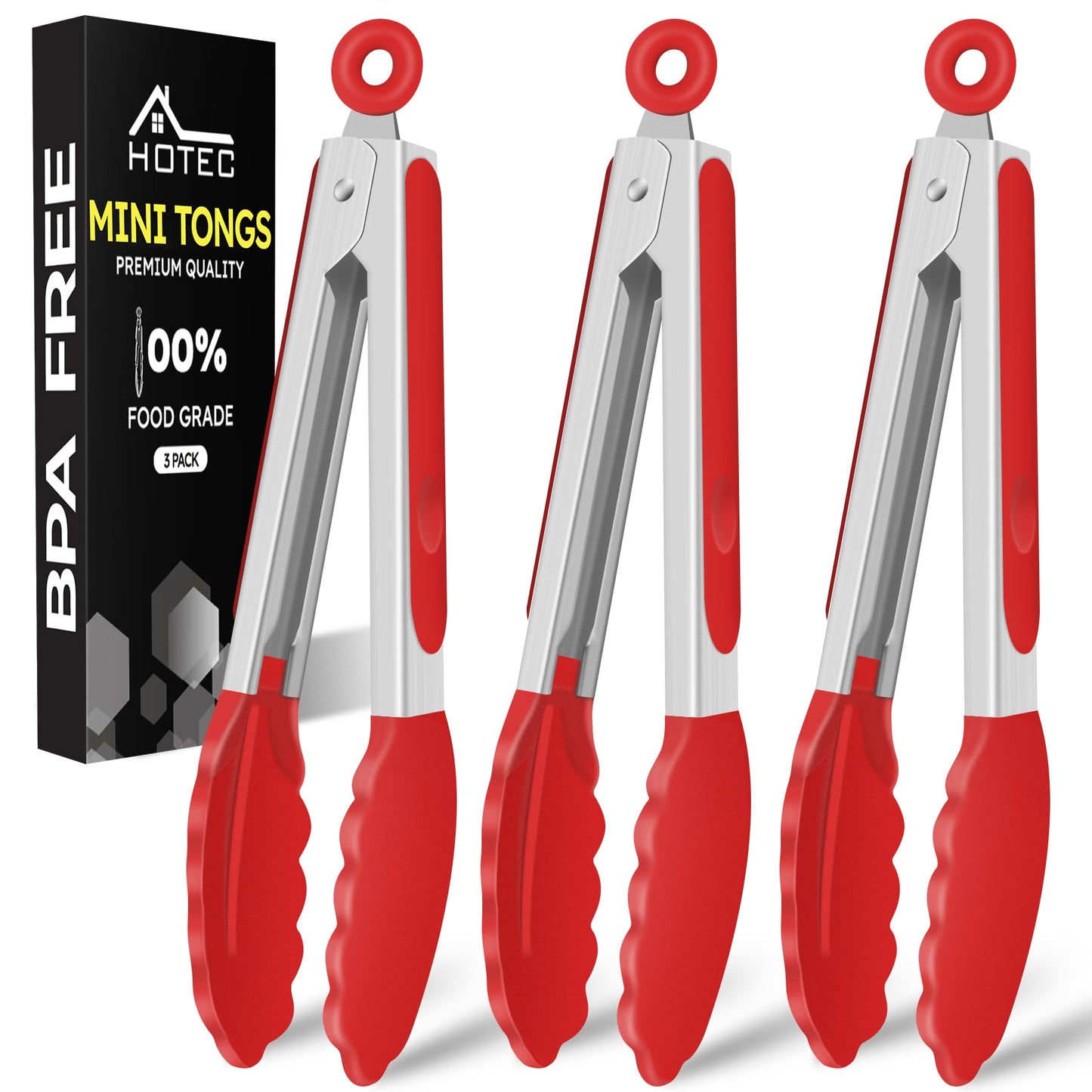 Hotec 7-Inch Mini Silicone Kitchen Tongs, Heat Resistant Non-Stick Small Serving Tongs with Silicone Tips, Food Safe Cooking Tongs Set of 3 (Black, Grey, White)