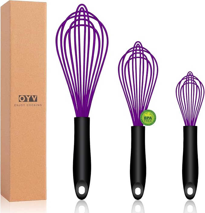 OYV Purple Silicone Whisk Set of 3, 8/10/12 Inch, Dishwasher Safe