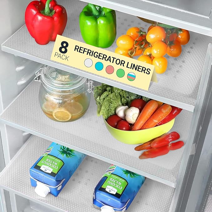 Refrigerator Liners for Shelves (8 Pack) by Linda’s Essentials - Non-Adhesive Drawer and Shelf Liner, BPA-Free Fridge Mats for Kitchen & Cabinets, Easy to Clean, Ideal Household Essentials (Clear)